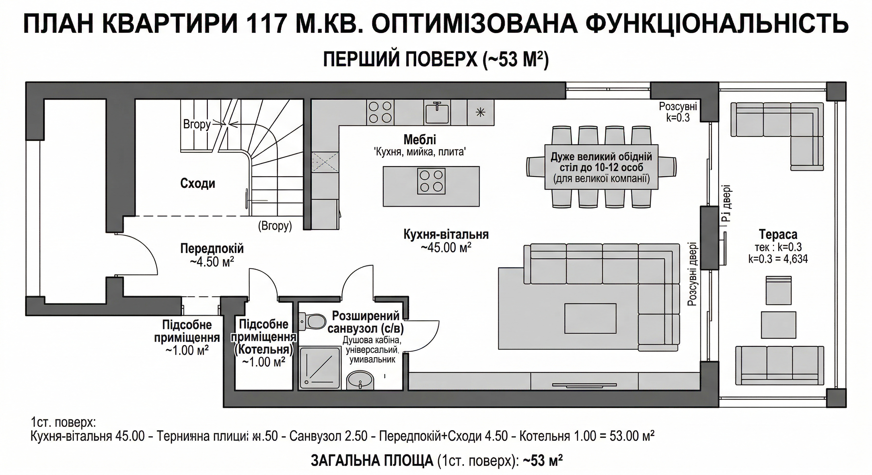 Планування 117 м², оптимізована функціональність, перший поверх